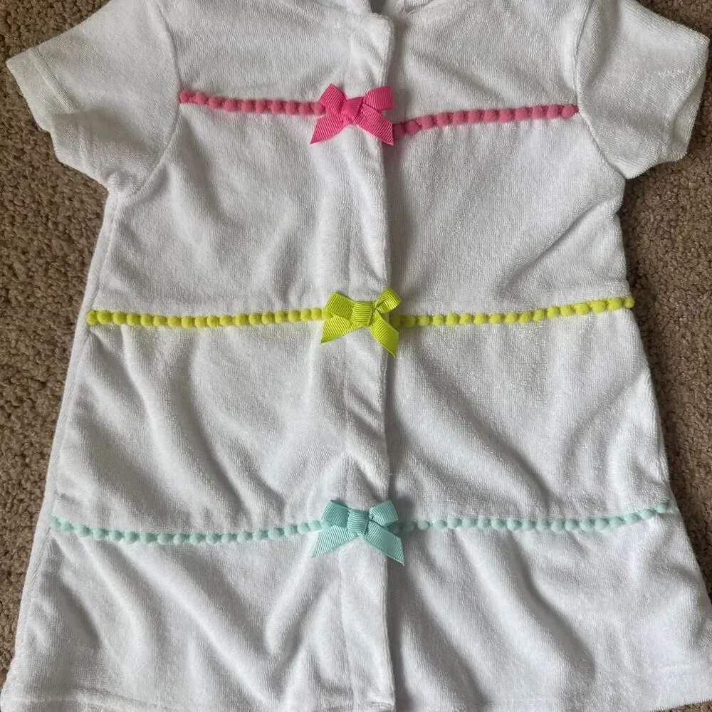 Little Me Hooded Terry Cover-Up Dress 18M | White with Colorful Bows